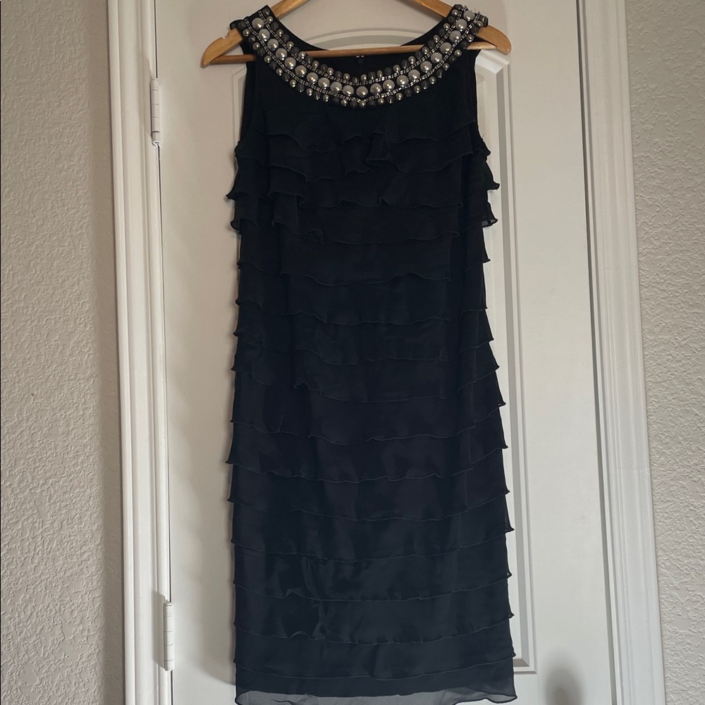 M & Co Embellished Neckline Black Ruffle Shift Dress UK Size 14